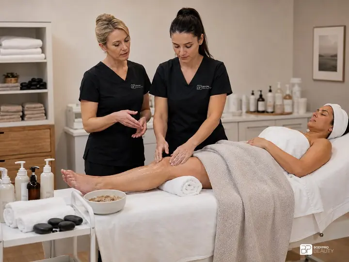 Instructor supervising a student during a spa body treatment training service.