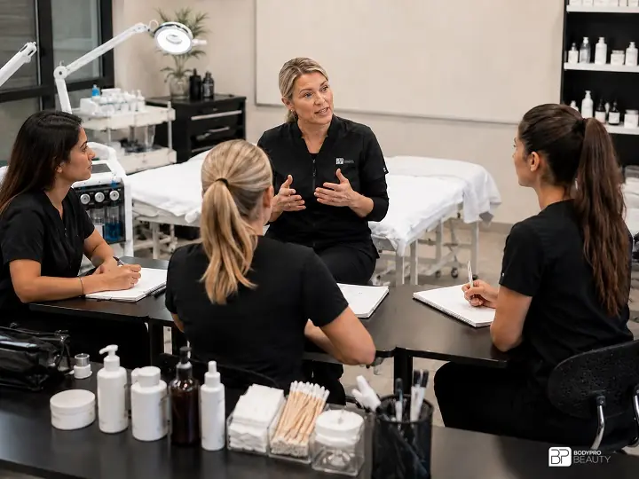 Instructor teaching aesthetics students in a classroom with spa learning materials.