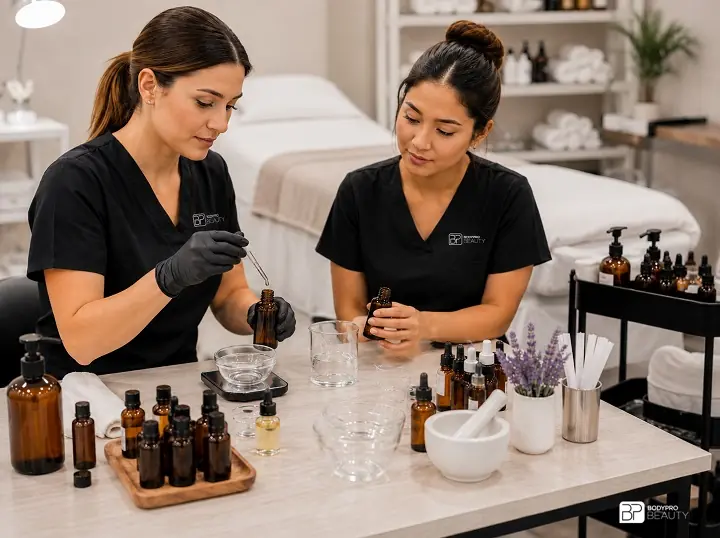 Aesthetics students learning essential oil blending with amber bottles and droppers.
