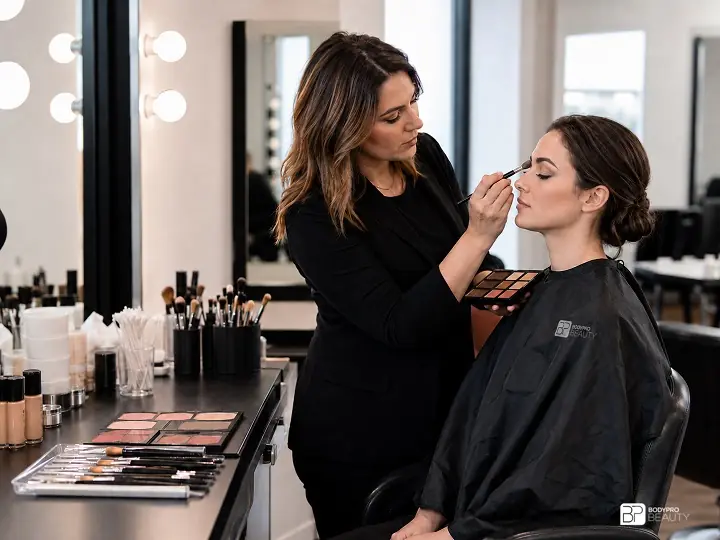 Instructor applying makeup on a seated model while an aesthetics student observes.