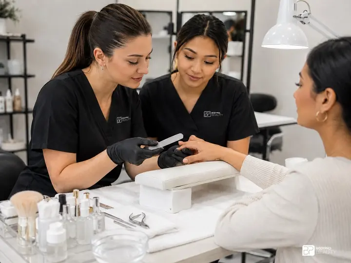 Aesthetics students practicing manicure techniques on a client hand at a nail care station.