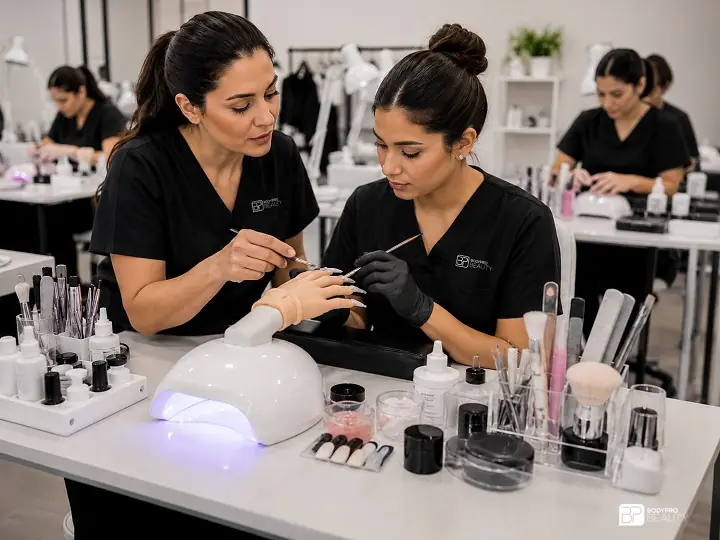 Instructor helping a student practise nail enhancement technique with professional nail tools.