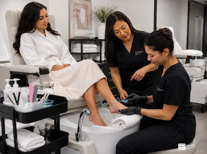 Instructor supervising a student during spa pedicure training in an aesthetics classroom.