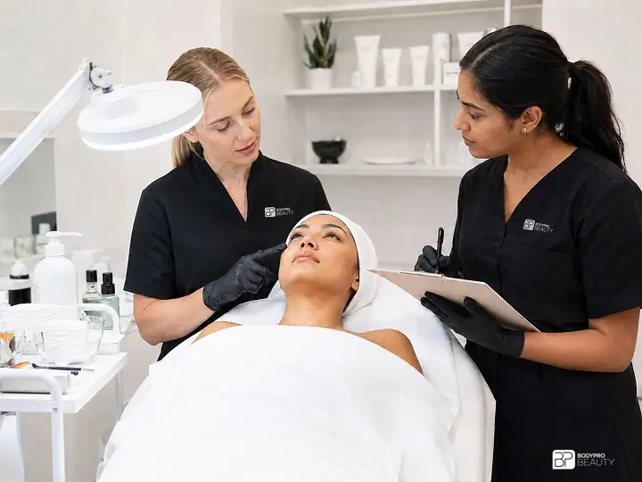 Instructor guiding an aesthetics student through facial care training in a spa classroom.