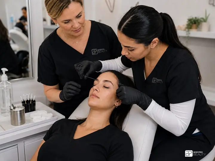 Instructor guiding a student through eyebrow threading technique on a seated client.