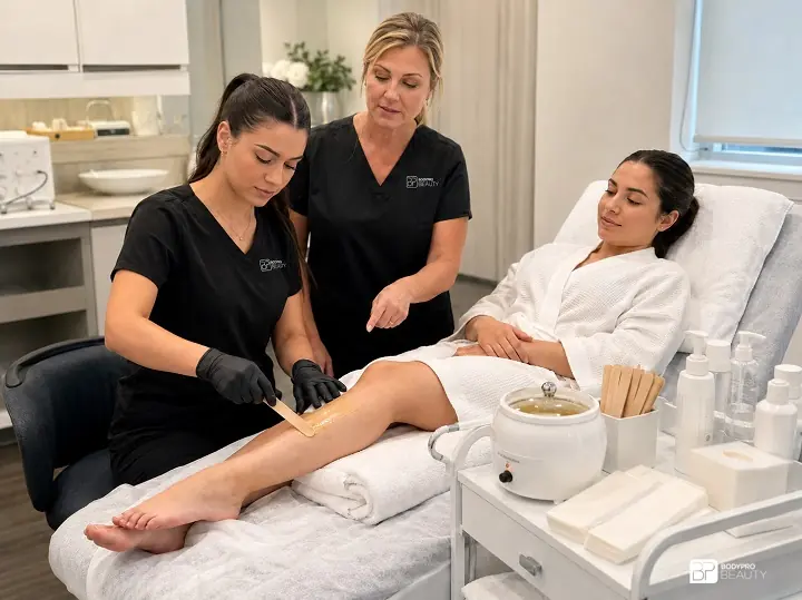 Instructor supervising a student during leg waxing training in a clean spa classroom.
