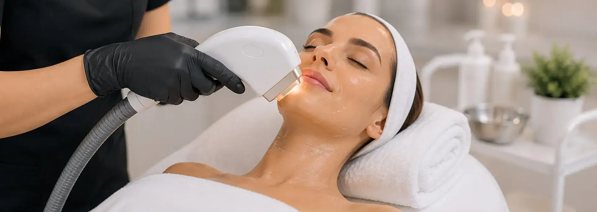 Instructor using an IPL handpiece during photo rejuvenation practical training on a client.