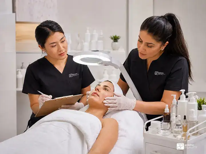 Student completing advanced skin analysis and professional skincare consultation during clinical aesthetics training.