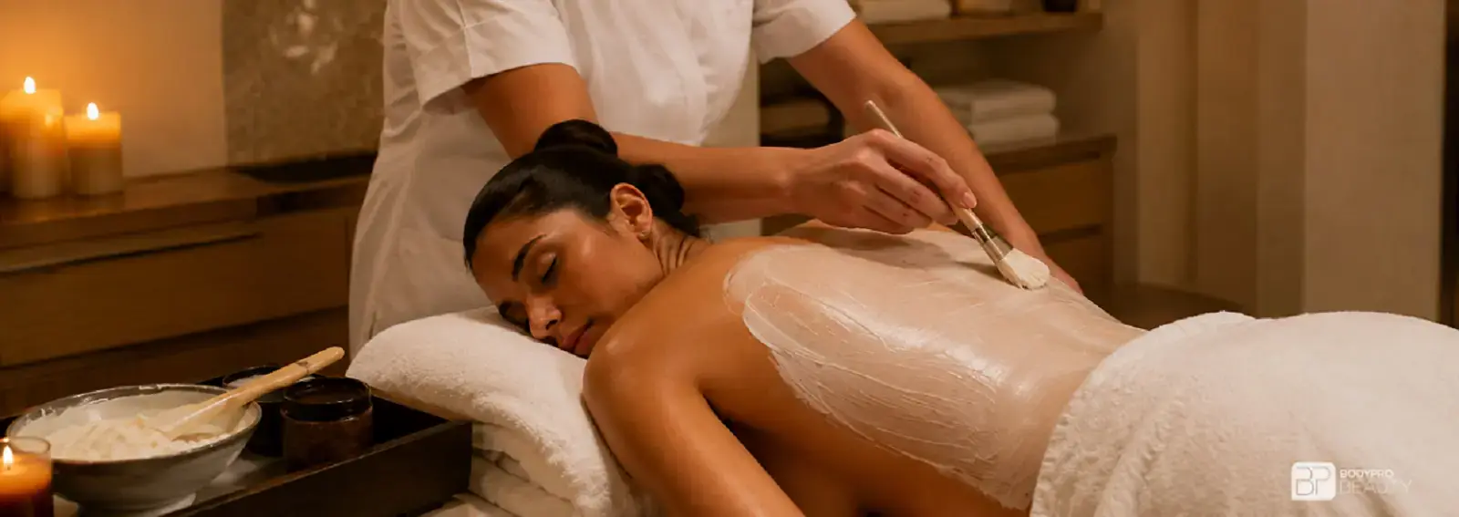 Student applying a spa body mask during advanced spa body therapy training.