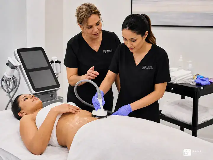 Student performing a supervised non-invasive body contouring treatment using professional aesthetics equipment.