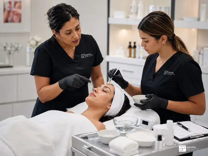 Student applying a supervised chemical peel treatment during advanced skincare education at BodyPro Beauty & Aesthetics Academy Inc.