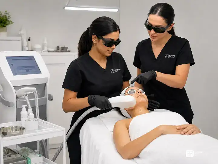 Student learning IPL skin rejuvenation procedures using professional light-based treatment technology.