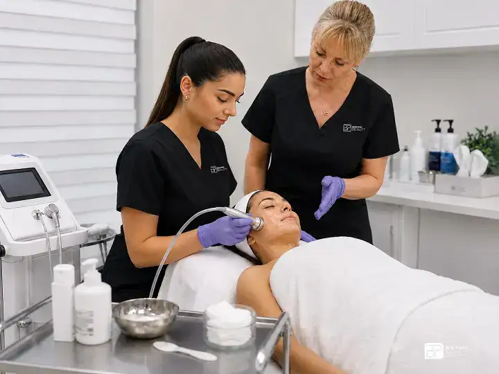 Student learning non-surgical face lifting techniques using professional skin tightening technology during para-medical skincare training.