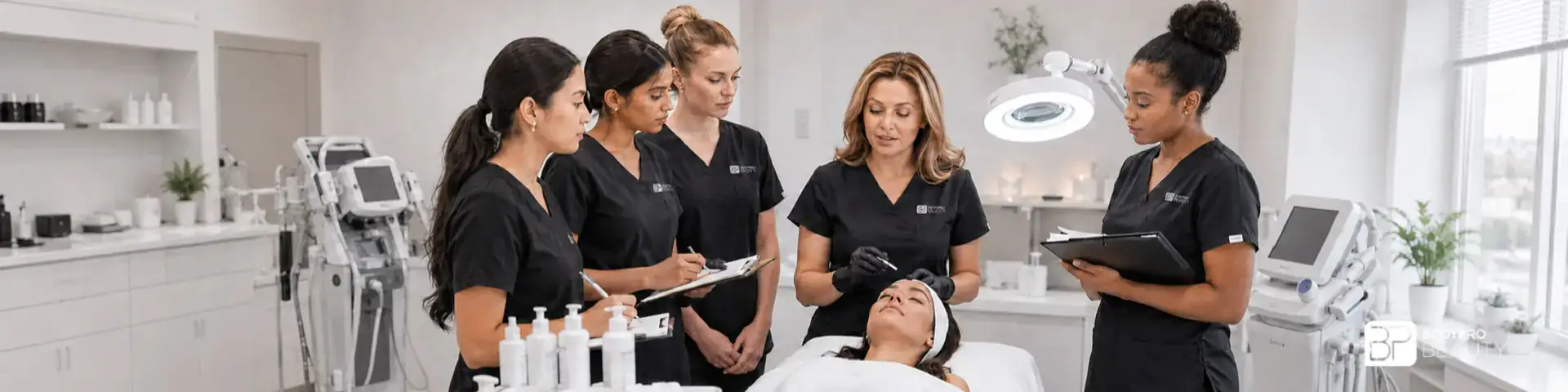 Instructor guiding students during para-medical skincare training with a client in a treatment room.