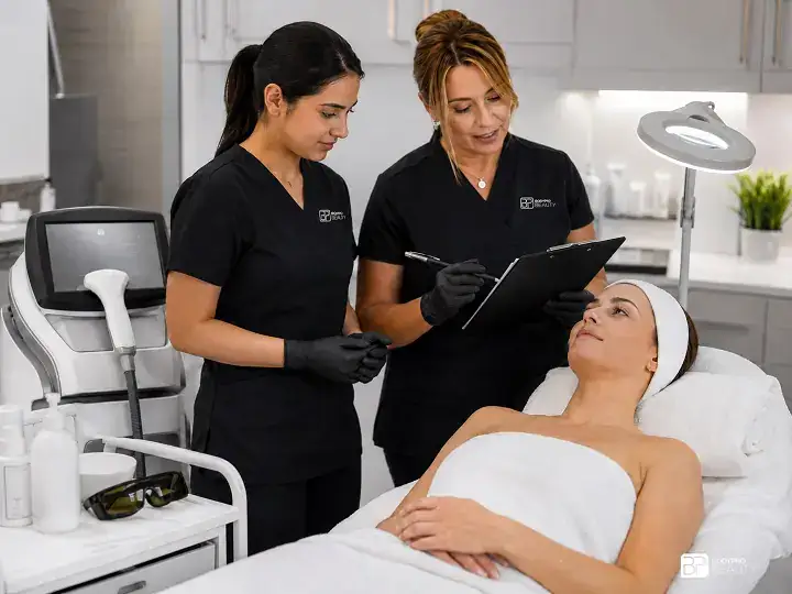Instructor guiding a student through photo rejuvenation consultation and treatment planning during para-medical skincare training.