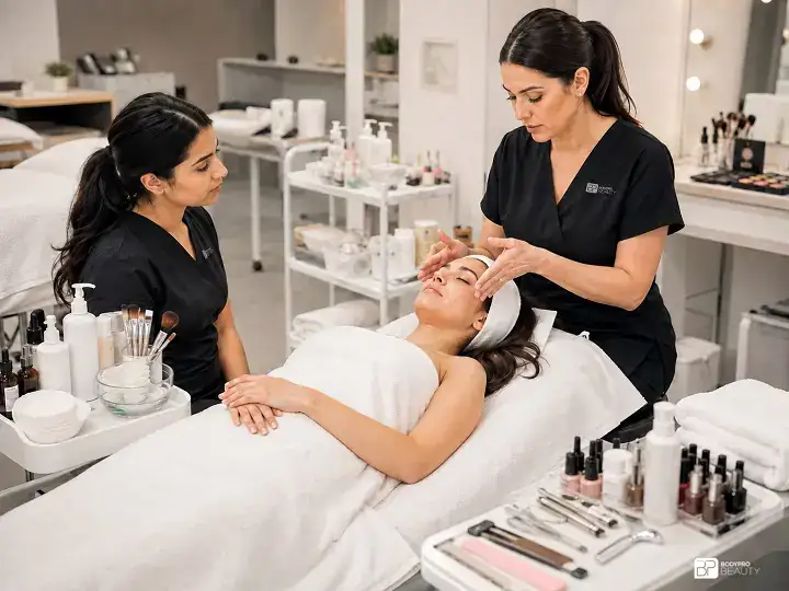 Instructor guiding a student through hands-on spa and beauty-services training in a professional classroom environment.
