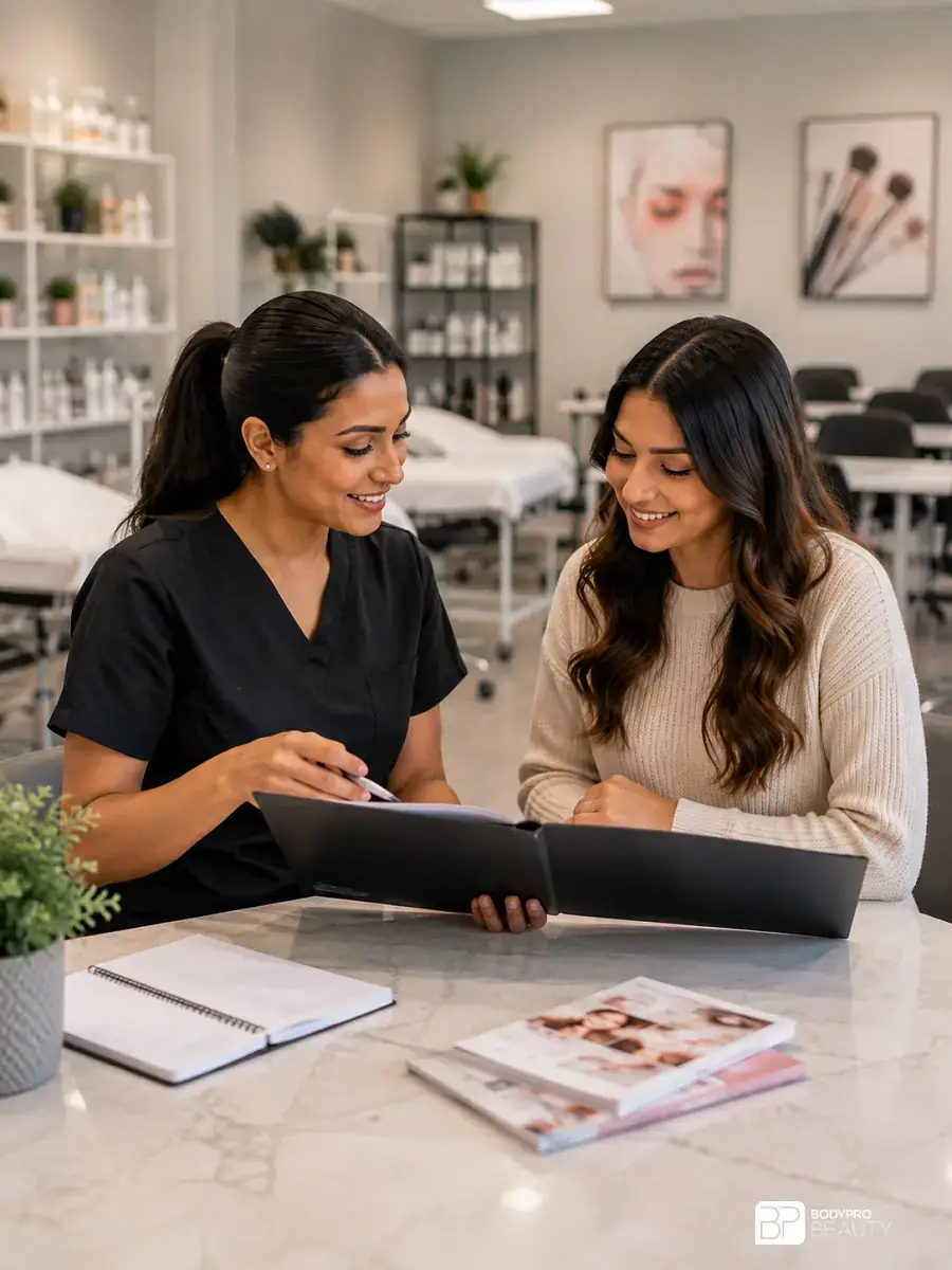 Instructor reviewing program materials with a prospective student in a beauty and aesthetics classroom.