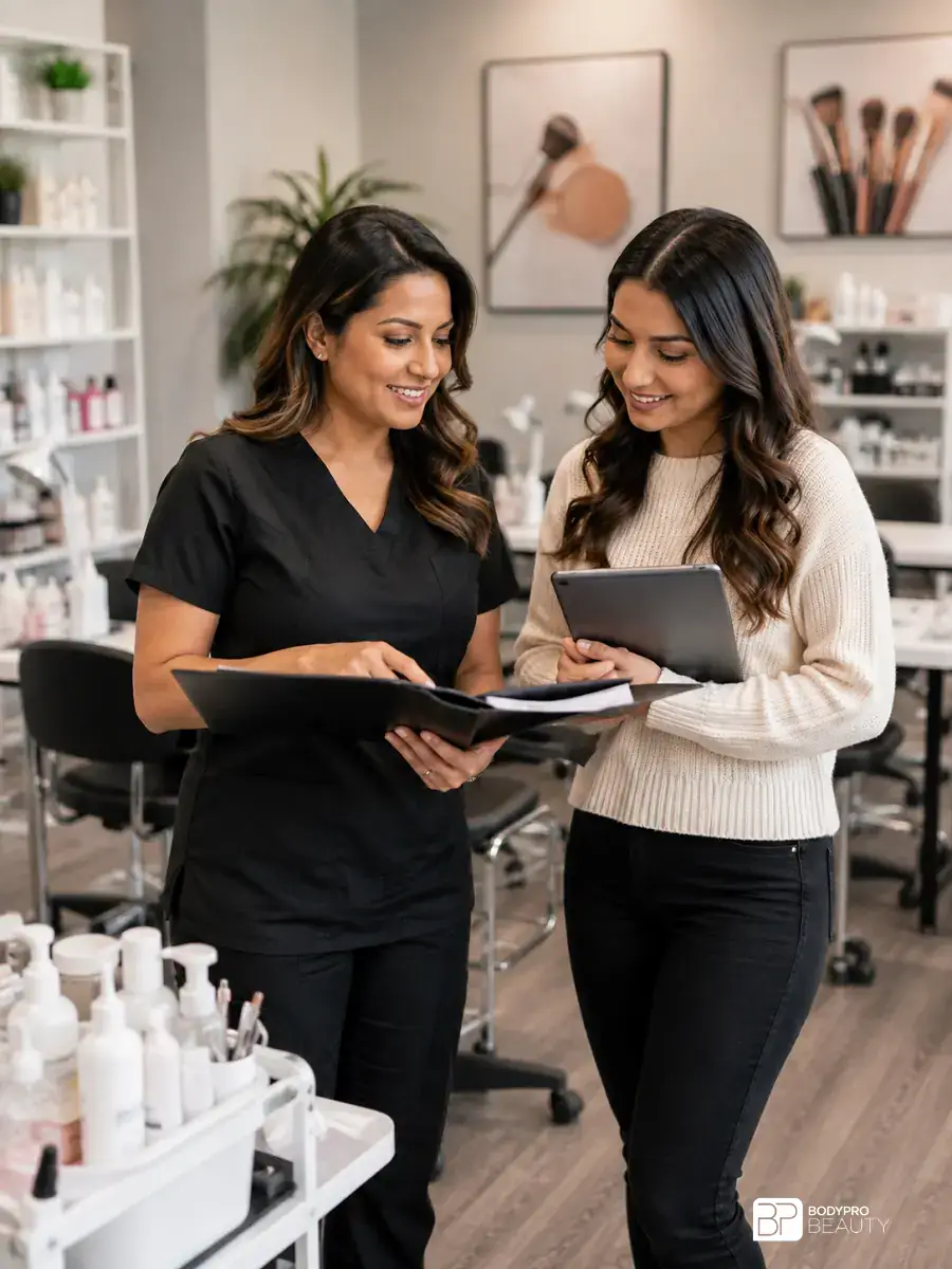 Instructor in black scrubs reviewing program materials with a prospective student holding a tablet in a beauty training room.