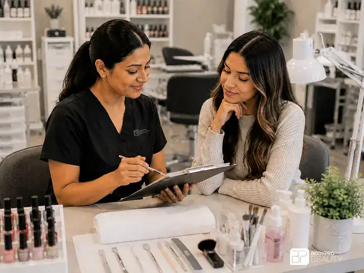 Instructor reviewing consultation paperwork with a student at a nail training workstation.