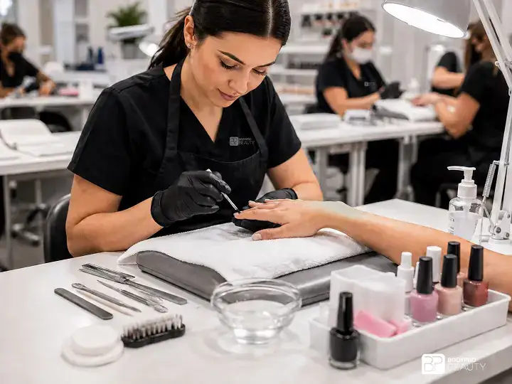 Student practicing natural nail care and manicure procedures with professional nail tools.