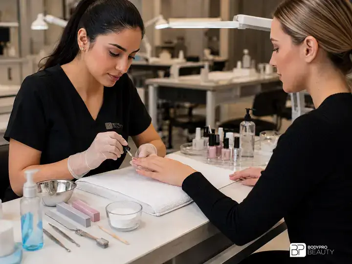 Student practicing natural nail care and manicure procedures with professional nail tools.