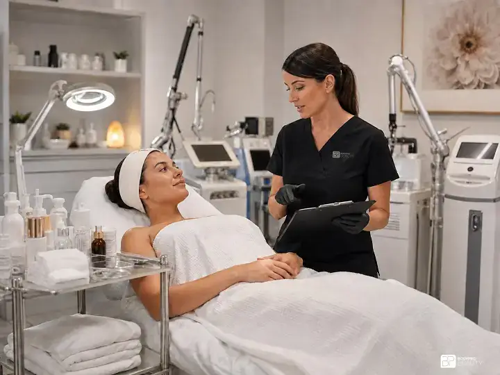 Instructor guiding an aesthetics student through advanced skincare and professional aesthetic-device training in a supervised classroom.