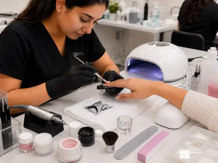 Student practicing gel and acrylic nail enhancement techniques with professional nail tools.