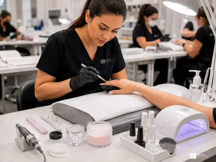 Instructor demonstrating gel or acrylic nail enhancement application on a client hand at a professional nail training workstation.