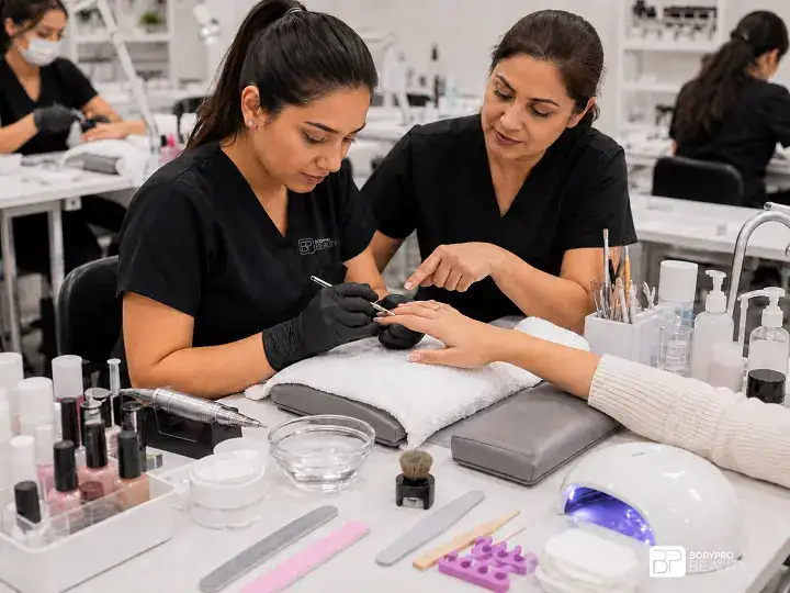 Student practicing professional nail technology techniques with manicure, pedicure and enhancement tools.