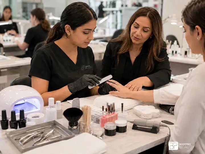 Student practicing professional nail technology techniques with manicure, pedicure and enhancement tools.