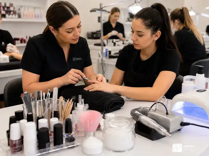 Student practicing professional nail technology techniques with manicure and enhancement tools.