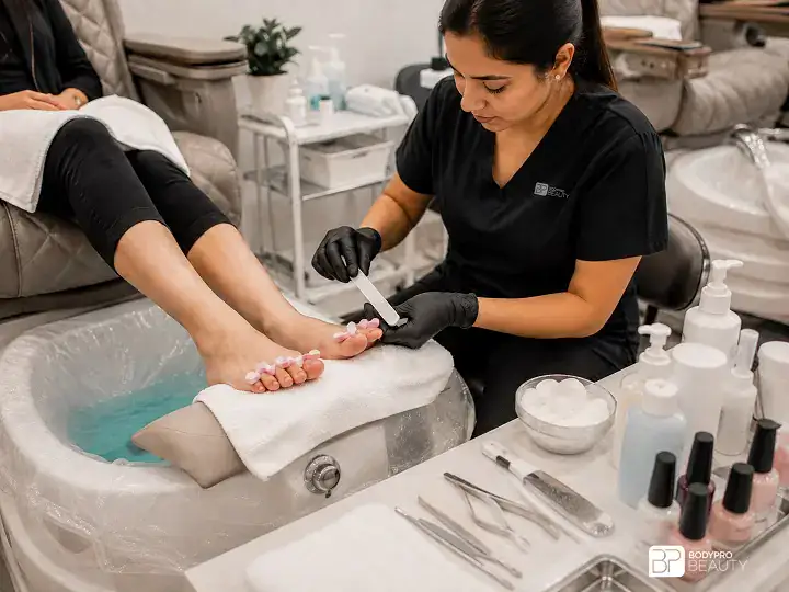 Student learning cosmetic pedicure preparation and professional foot-care procedures.