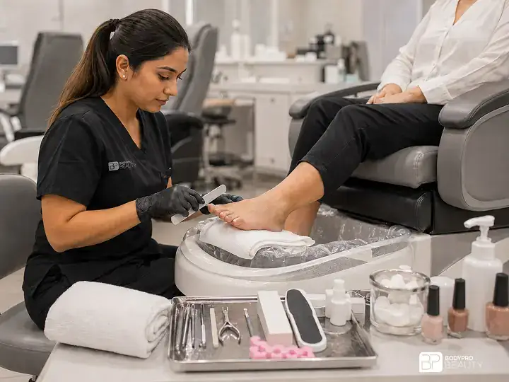 Student learning professional pedicure preparation and cosmetic foot care procedures.