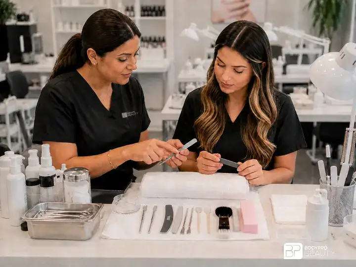 Instructor explaining nail tools and workstation preparation to a student in a professional nail classroom.